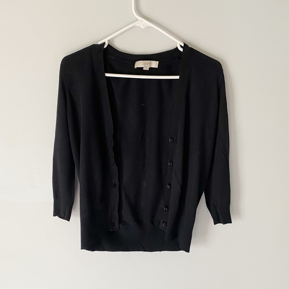 LOFT Women’s Black Button-Up Quarter Sleeve Cardigan Sweater